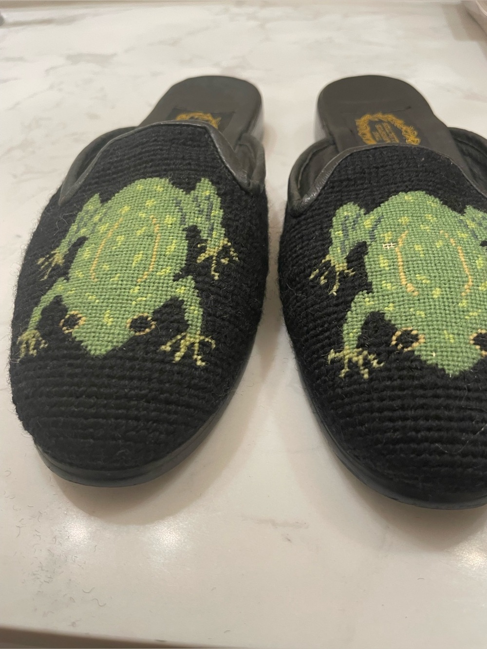 Black Slip-On Women’s Mules with Green Frog Embroidery